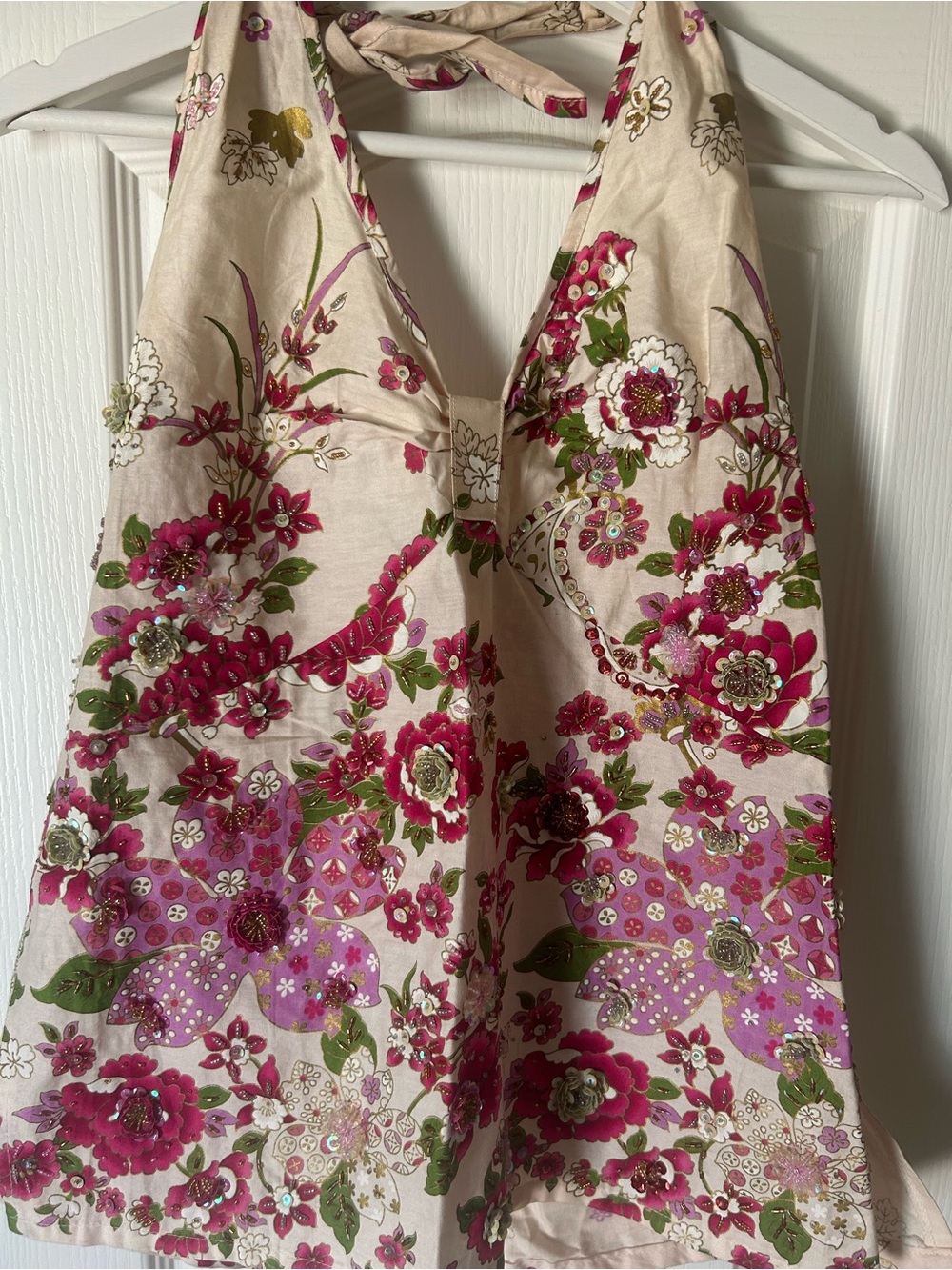 Floral Halter Top in Cream and Fuchsia